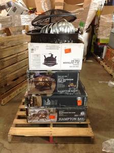 lot 33 image: PALLET WITH ASSORTED HAMPTON BAY Briarglen Fire Ball with Tree Branches & Piedmont 30 in. Steel Fire Pit in Black with Poker AND MORE