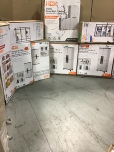 lot 56 image: PALLET OF ASSORTED HDX SHELVING AND CABINETS DIFFERENT SIZES & CONDITIONS SEE PICTURES