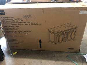 lot 59 image: Windlowe 61 in. W x 22 in. D x 35 in. H Bath Vanity in White with Carrera Marble Vanity Top in White with White Sink by  Home Decorators Collection in good conditions
