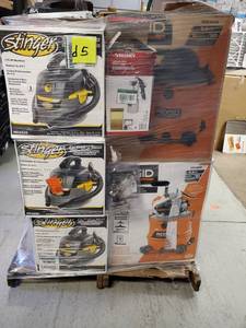 lot 44 image: PALLET WITH ASSORTED RIGID, STINGER VACUUMS WHICH ALSO INCLUDES GIBRALTAR MAILBOX