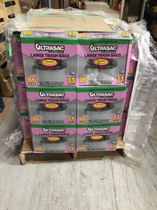 Pallet whit 51 cases of Ultrasac 33 Gal. Black Large Drawstring Trash Bags (86-Count) new