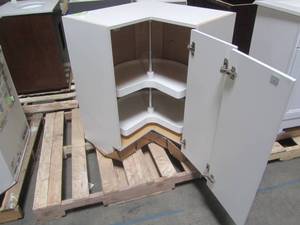 lot 302 image: Hampton Bay Shaker Assembled 28.5x34.5x16.5 in. Lazy Susan Corner Base Kitchen Cabinet in Satin White KBLS36-SSW
