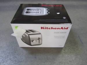 lot 831 image: Kitchenaid 2-Slice Silver Wide Slot Toaster with Crumb Tray and Shade Control Settings KMT2115CU