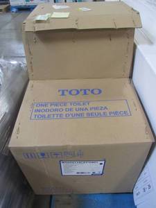 lot 408 image: TOTO UltraMax II 1-Piece 1.28 GPF Single Flush Elongated Toilet with CeFiONtect in Cotton White ms604114cefg#01