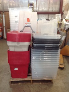 WHOLESALE MIXED PALLET OF STORAGE BINS DIFFERENT SIZES & CONDITIONS WITH SOME COVERS. (SEE PICS)