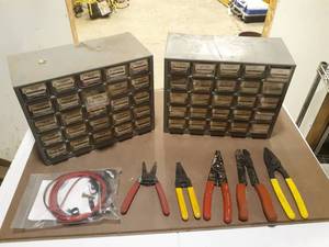 lot 310 image: Parts Cabinets w Solderless Connectors and Machine Screws, Wire Strippers and Crimpers