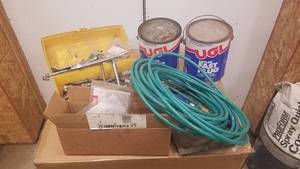 lot 214 image: Toolbox w Assorted Air Compressor Fittings, Air Hose, Chain Grab Hooks and (2) Drylok Hydraulic Cement