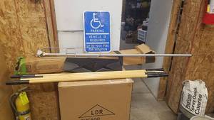 lot 226 image: Roof Rake (Broken Pieces on Rake Part), Dust Mop Handle and Handicap Parking Metal Sign