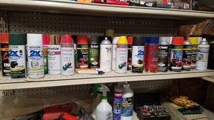 lot 295 image: Shelf Lot of Approx. 68 Spray Paint Cans- Assorted Colors and Brands
