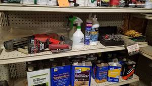 lot 296 image: Shelf Lot w Black and Decker Power Caulk Gun and More