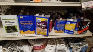 lot 298 image: Shelf Lot of Turpentine, Adhesive Remover, Acetone and More
