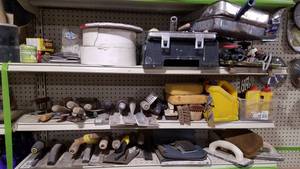 lot 301 image: 3 Shelves of Trowels, Sanders, Sandpaper and More