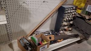 lot 309 image: Shelf Lot of Parts Cabinets, Hack Saws, Wood Saws and More