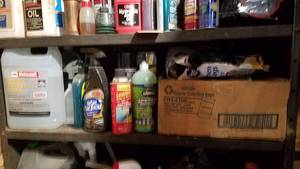 lot 374 image: Shelf Lot of DEF Fluid, Car Wash, Tire Slime, Trash Bags and More