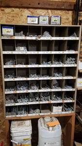 lot 392 image: Metal Parts Cabinet w Inventory of Carriage Bolts and Lag Screws