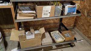 lot 395 image: (2) Shelves of Wood Screws, Hinges, Bolts and More