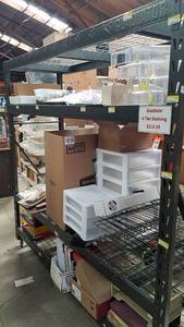 lot 410 image: 3 Shelves of Office Supplies, Binders, Shelves, Twins Bobbleheads, Paper Cutter and More