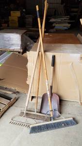 lot 417 image: (2) Push Brooms, Rake and Shovel