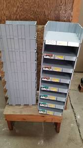 lot 456 image: Tall Wood Cabinet, Plywood and (16) Grey Parts Bins