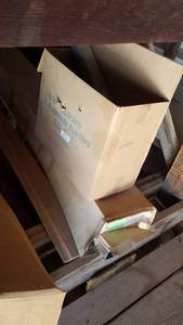 lot 497 image: Shelf Lot of Blue Steel Gutter down spouts and pieces, Vinyl Shake siding