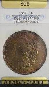 lot 13 image: 1887 Morgan Silver Dollar Toned Graded SGS MS67 TND