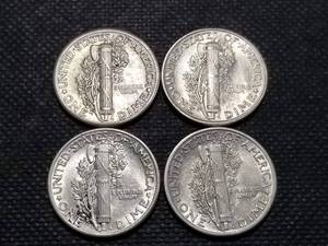 GROUP OF 4 AU-UNC MERCURY DIMES 1934 1940 1943 1944