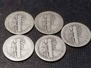 GROUP OF 5 MERCURY DIMES 1919 1920 1923 1924 1927
