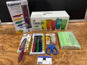 lot 42 image: COLORFUL KITCHEN Lot of Glasses, Knives and MORE