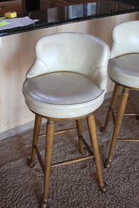 lot 3 image: Lot of Four (4) Vintage Wood & Leather Baker Furniture Swivel  Swiveling Barstools  Bar Stools