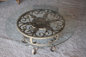 lot 57 image: Unique & Elegant 42 Round Glass & Metal Decorative Coffee Table with Marble Inlay