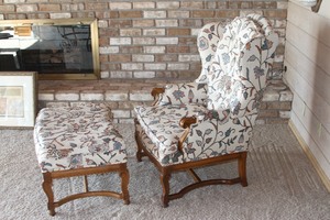 lot 21 image: Vintage Traditional Carved Wood Arm Chair with Matching Ottoman