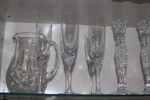 lot 42 image: Cabinet Full of Cut Glass  Crystal Vase Decanter Bowl Glasses & More