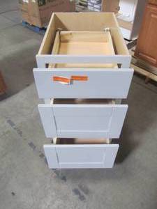 lot 302 image: Hampton Bay Shaker Assembled 18x34.5x24 in. Drawer Base Kitchen Cabinet with Ball-Bearing Drawer Glides in Dove Gray KDB18-SDV
