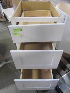 lot 236 image: Hampton Bay Shaker Assembled 18x34.5x24 in. Drawer Base Kitchen Cabinet with Ball-Bearing Drawer Glides in Satin White KDB18-SSW