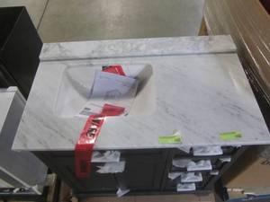 lot 240 image: Scott Living 36 in. Roveland Dark Gray Single Sink Vanity with Natural Carrara Marble Top 12026VA-36-200