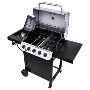 lot 317 image: Char-Broil Black And Stainless 5-Burner Liquid Propane Gas with 1 Side Burner - Missing Burners and Wheel Rod.