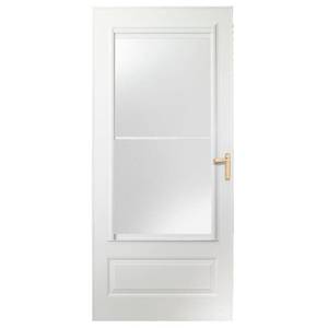 lot 602 image: Andersen EMCO 30 in. x 80 in. 300 Series White Universal Self-Storing Aluminum Storm Door with Brass Hardware