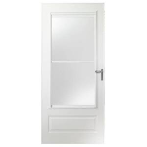 lot 604 image: Andersen EMCO 30 in. x 78 in. 300 Series White Universal Self-Storing Aluminum Storm Door with Nickel Hardware