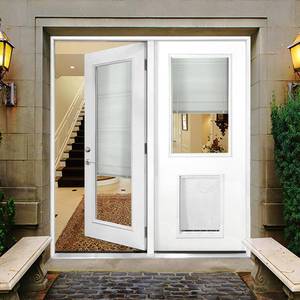 lot 615 image: Steves & Sons Clear Glass, Internal Mini-Blind, Primed White Prehung RHIS Fiberglass CenterHinge Patio Door w Small Pet Door.
