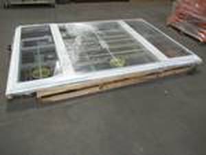 lot 617 image: PELLA Large Custom Picture Window With Double Hung Sides (From Outside View Left Glass is Shattered) Measures Approximately 99 X 63 12 X 2 From Fin