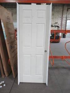 lot 601 image: Masonite 30 X 80 6 Panel Solid Core Interior Door, LH In-Swing, Single Bore, With Nickle Hinges.