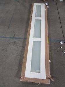 lot 603 image: 3 Panel Bi-Fold Door in White,  Frosted Glass, 23.5 (each panel 11.75) - Slight Ding on Corners, small scratches.