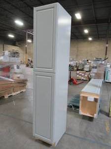 lot 106 image: Tall Kitchen Pantry Cabinet in Grey, Approximately 18W X 96 34 X 24D.