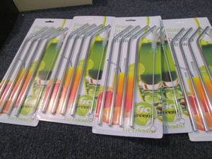 lot 207 image: 5 -4pks Stainless Steel Straws with...