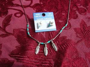 Necklace, Earrings, Turquoise, Feather