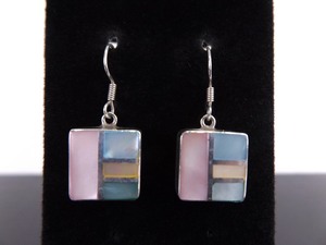 .925 Sterling Silver Inlayed Pink and Blue Mother of Pearl Hook Dangle Earrings