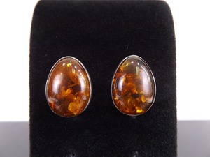 .925 Sterling Silver Amber Cabochon Post Earrings