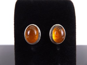 .925 Sterling Silver Amber Cabochon Post Earrings