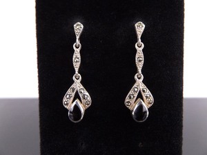.925 Sterling Silver Art Nouveau Onyx Post Dangle Earrings