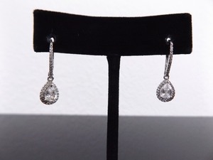 .925 Sterling Silver Pear Cut Crystal Hook Latch Dangle Earrings